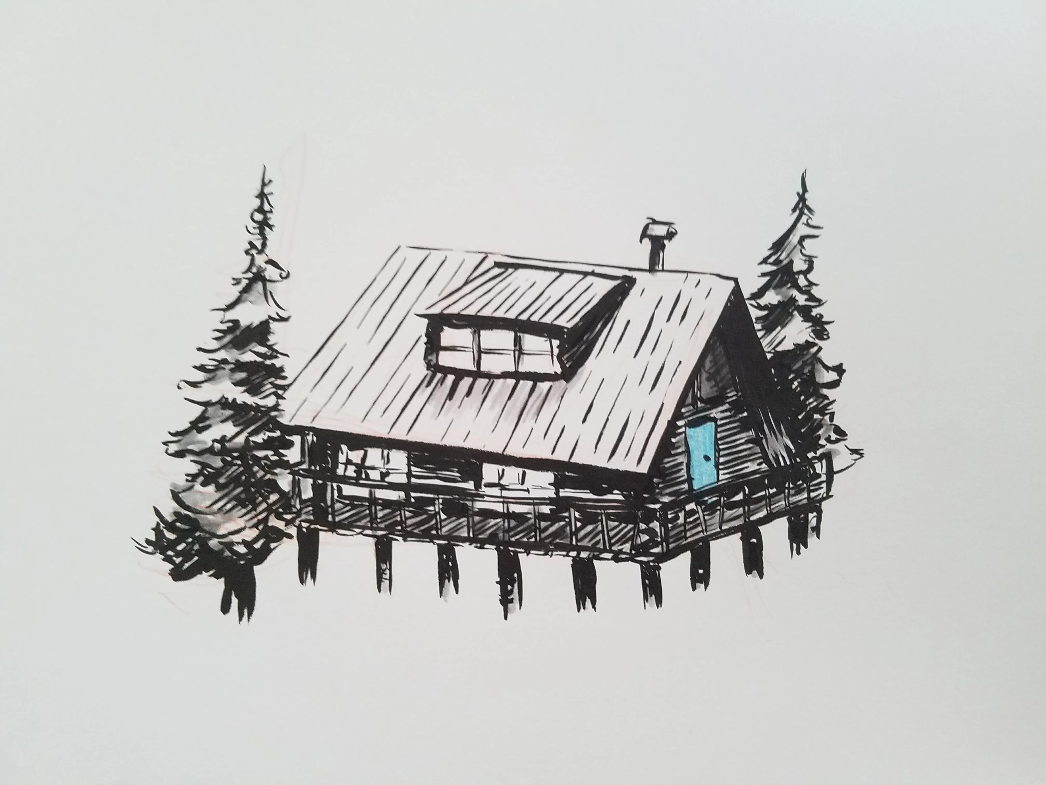 A loose black ink drawing of a raised woodland cabin with a bright blue door