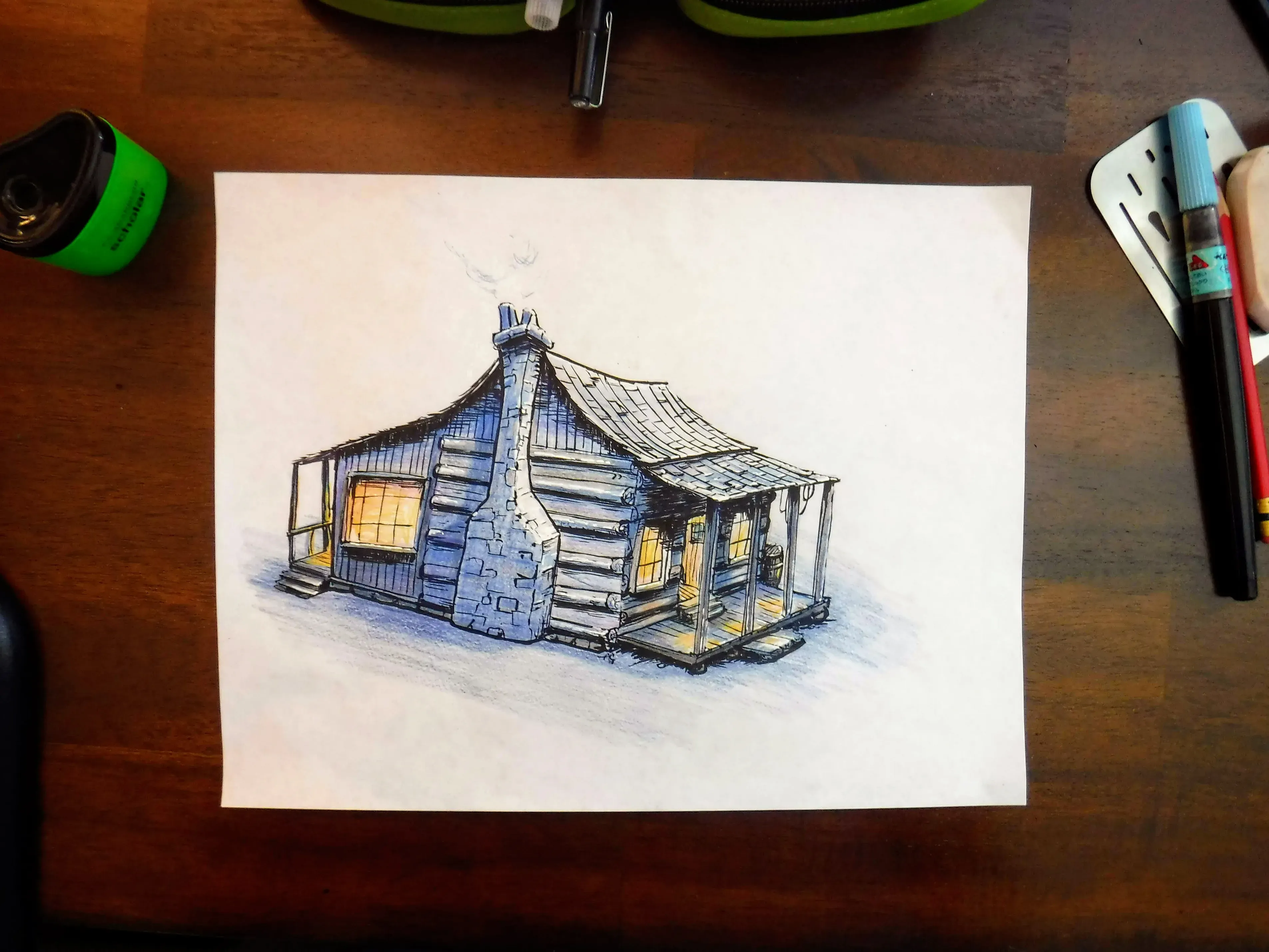 Ink and watercolor illustration of a blue cabin with warmly glowing windows