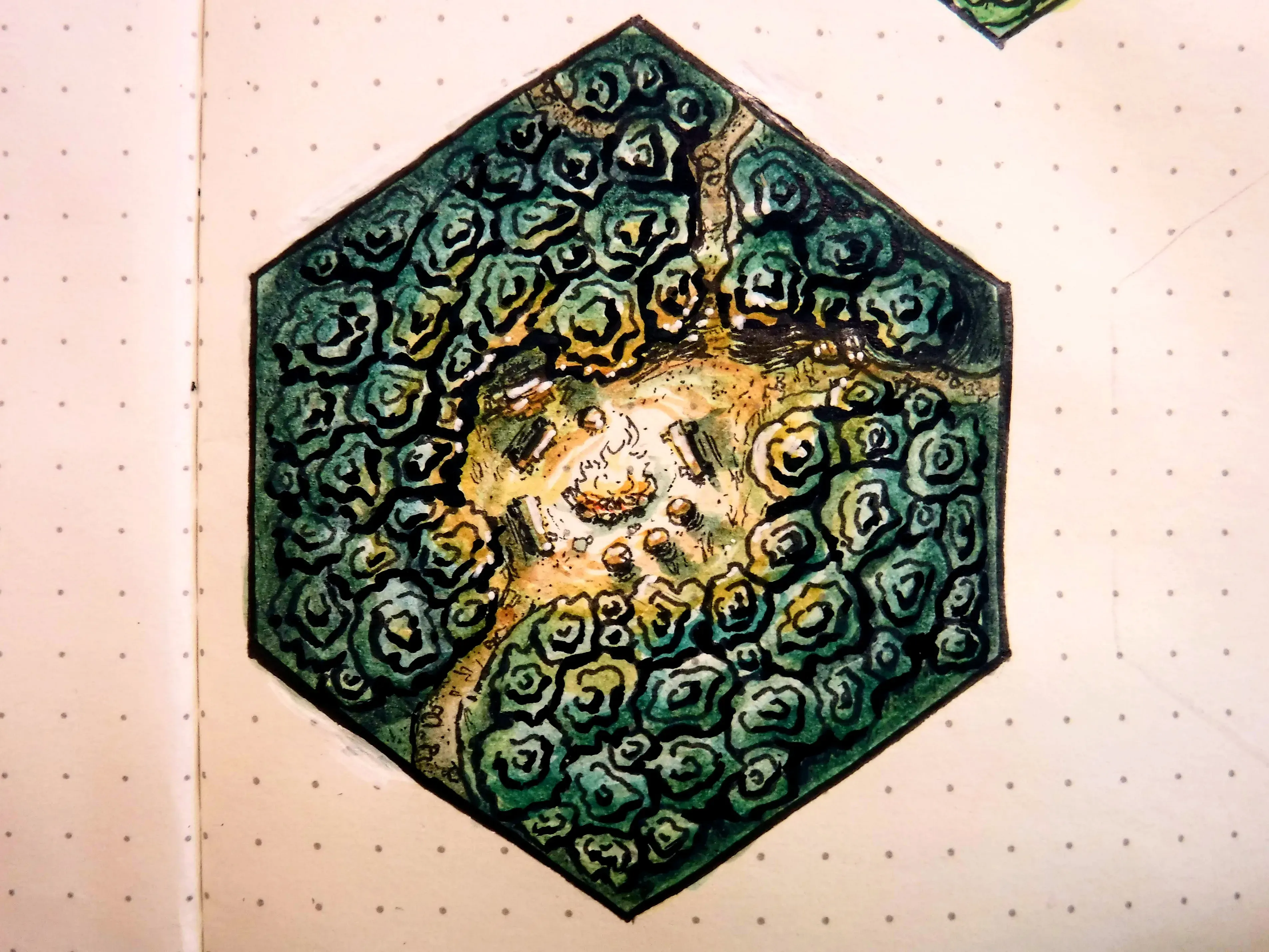 A painted fantasy map hex showing a warm clearing deep within a dense green forest