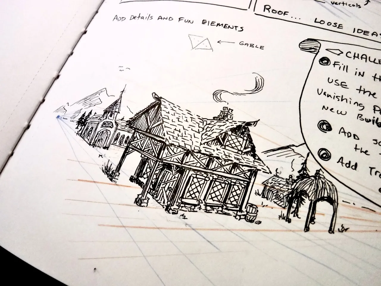 An architectural tavern sketch surrounded by handwritten perspective and design notes