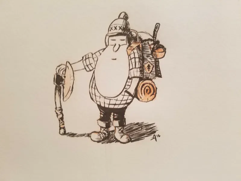 Loose ink character drawing of a bundled traveler carrying an oversized pack
