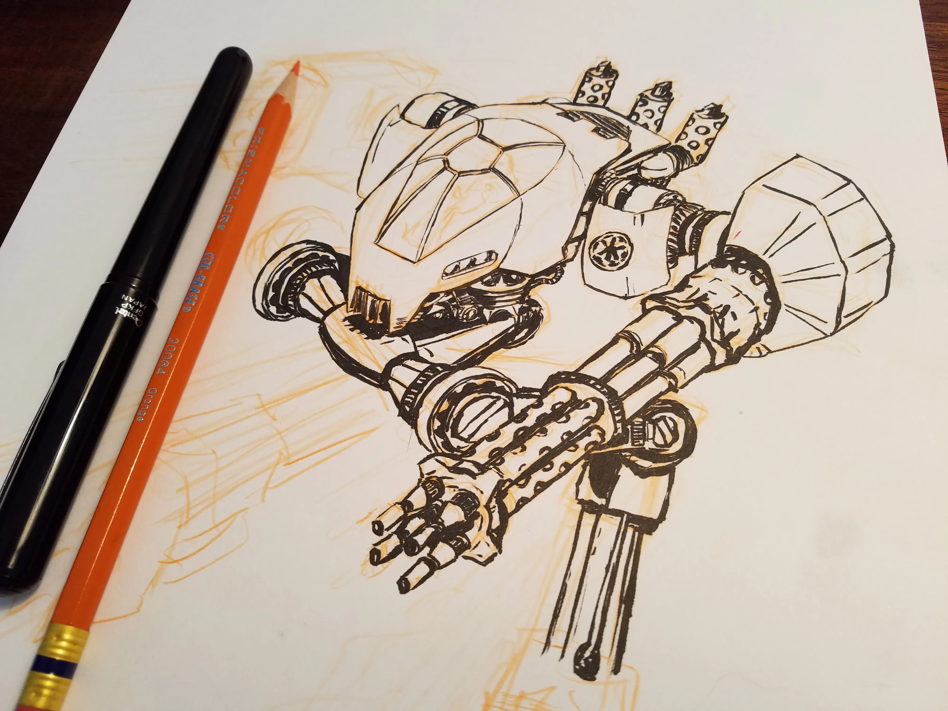 An in-progress mechanical arm drawing inked over orange pencil construction lines
