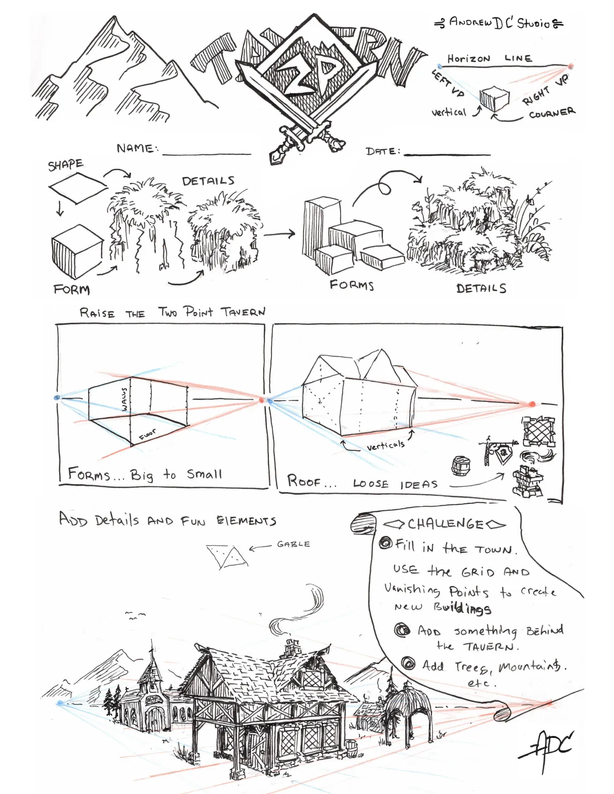 Two-Point Tavern class worksheet progressing from shapes and forms to a perspective town
