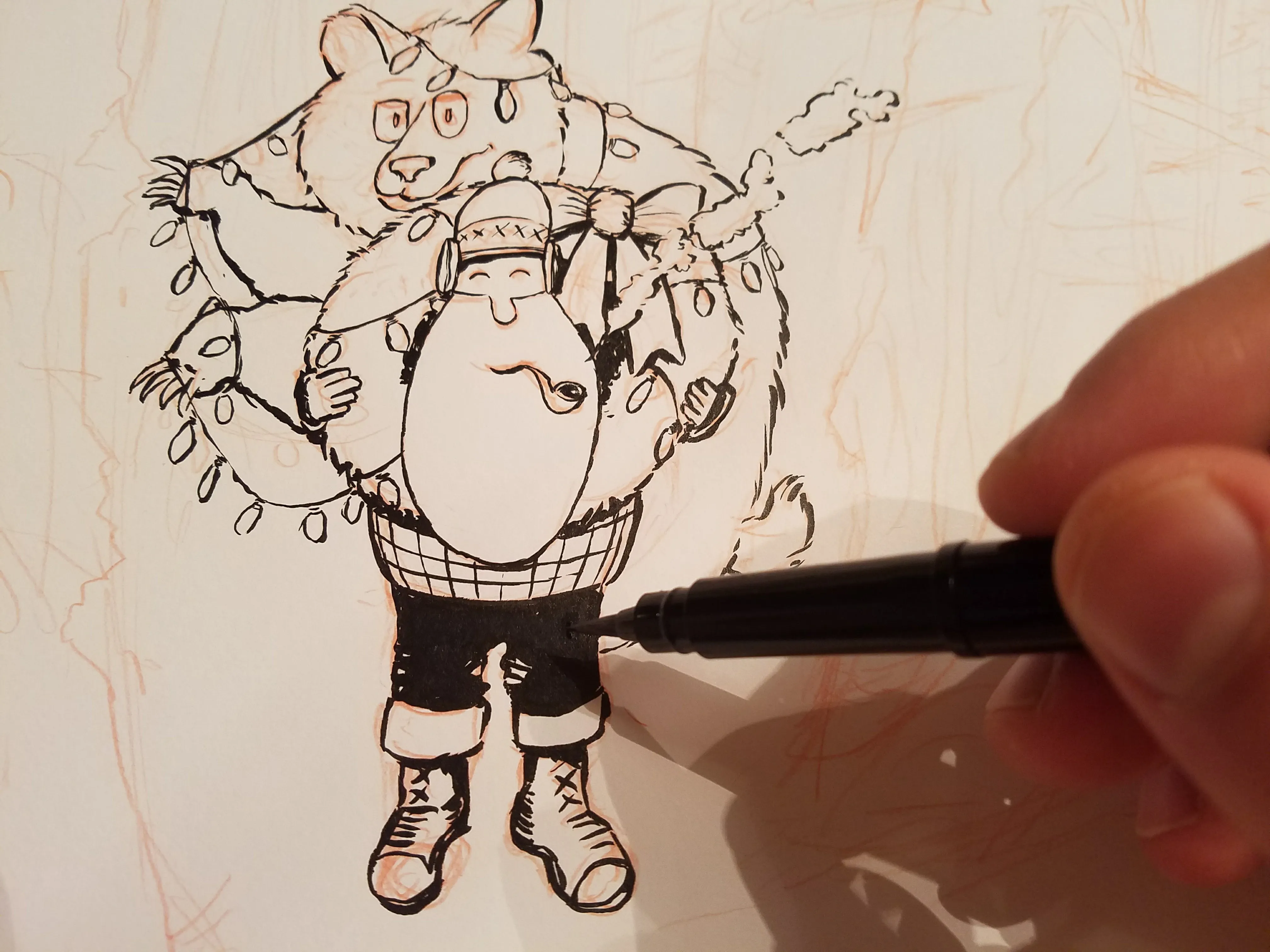 An in-progress ink character drawing of a bearded traveler carrying a large bear-shaped bundle
